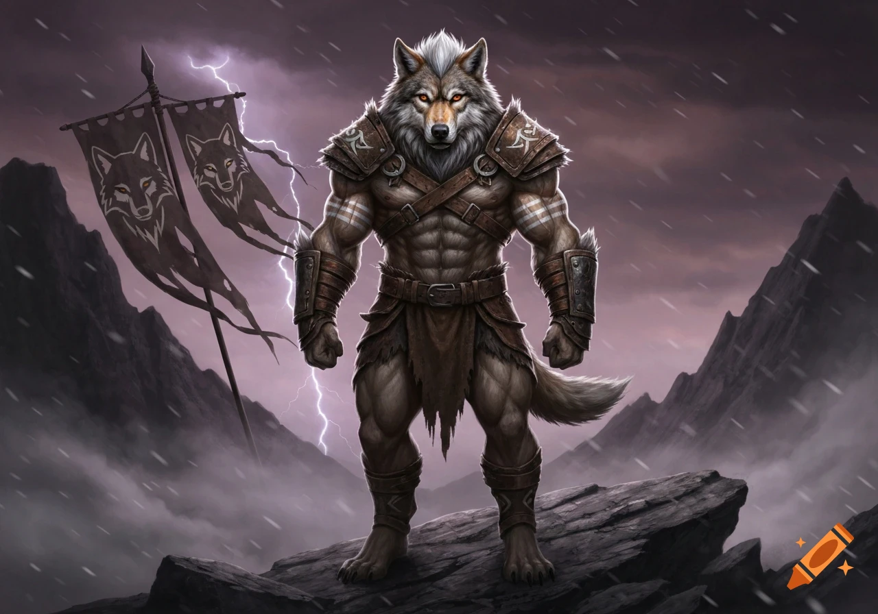 A muscular humanoid wolf in leather and metal armor stands on a rocky outcrop under a stormy, lightning-filled sky, with banners featuring wolf heads.