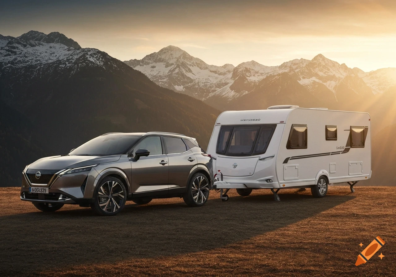 A silver Nissan Qashqai SUV is parked next to a white Weinsberg Caracito travel trailer in a field. Snow-capped mountains rise in the background under a sunset sky.
