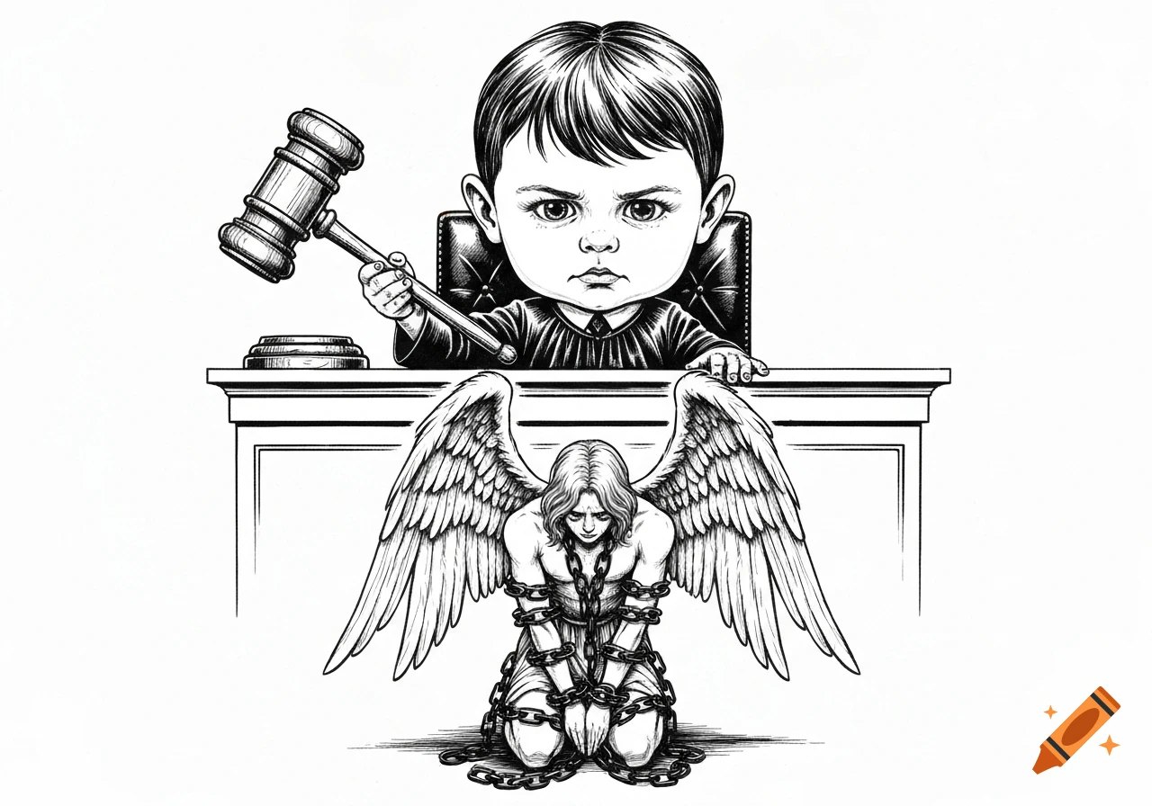 Ink drawing of a serious child judge with a gavel sitting at a bench, looking down at a kneeling angel in chains.