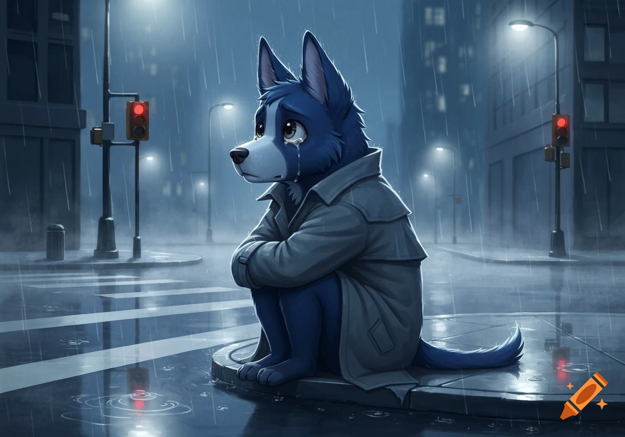 A sad blue anthropomorphic dog wearing a trench coat sits alone on a wet city sidewalk in the rain.