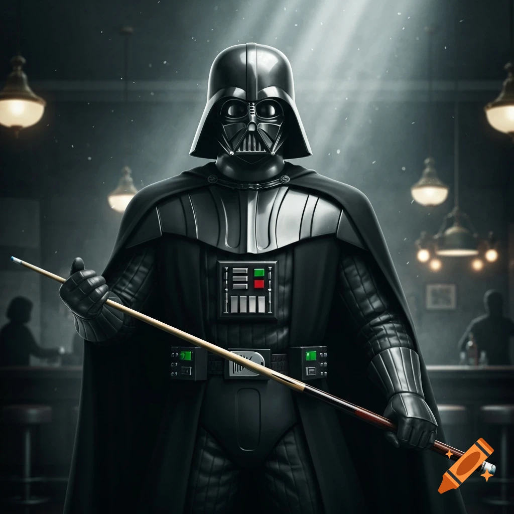 Darth Vader in a dark pool hall, holding a pool cue like a lightsaber, with a photorealistic style.