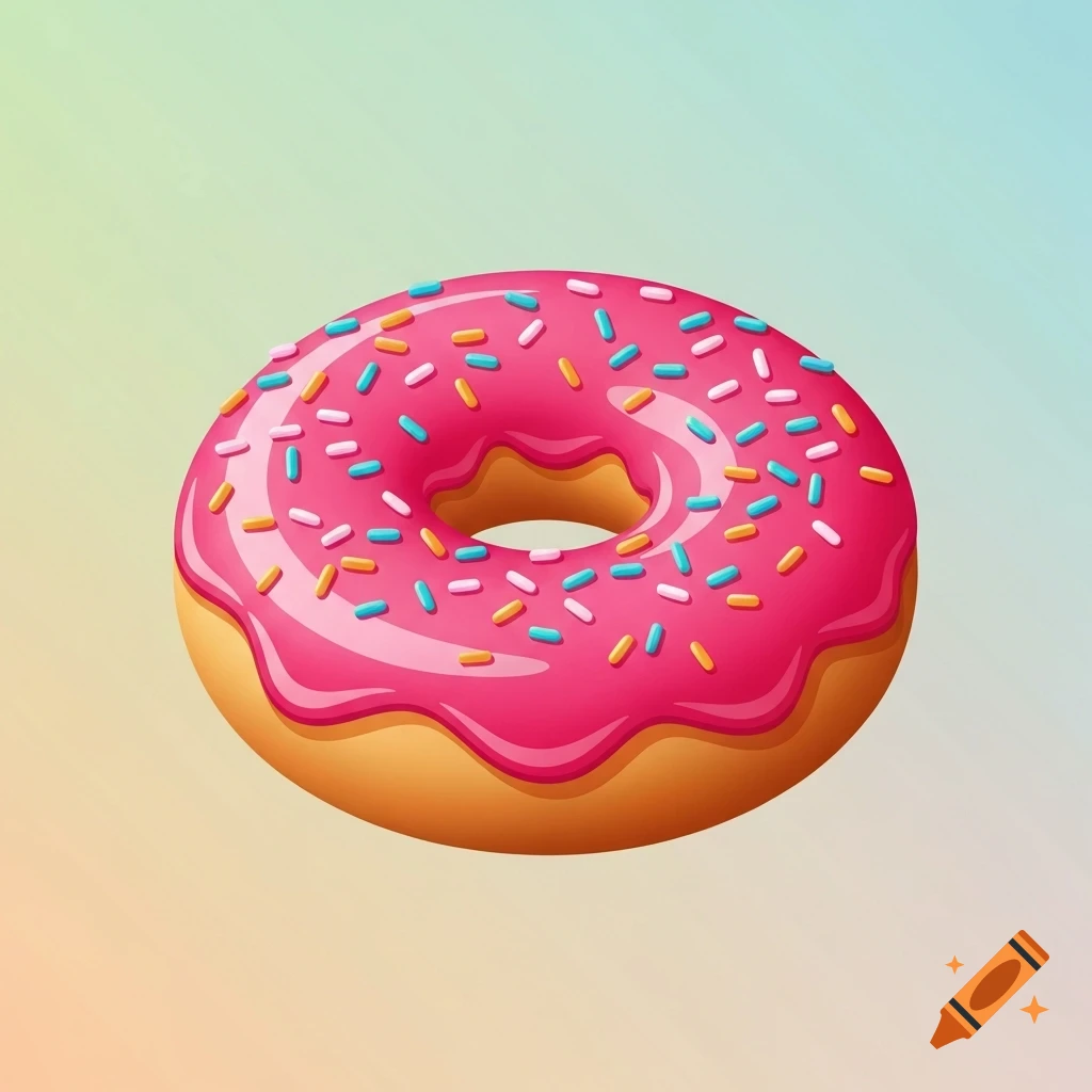 A vibrant clipart donut with pink icing and colorful sprinkles, floating against a soft gradient background.