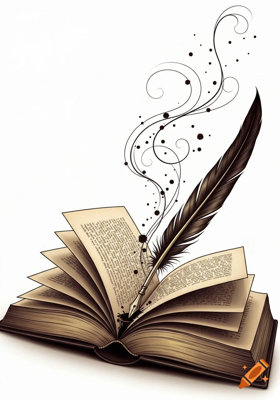 A feather quill pen dips into an open book, with elegant black ink swirls and splatters rising from it against a white background.