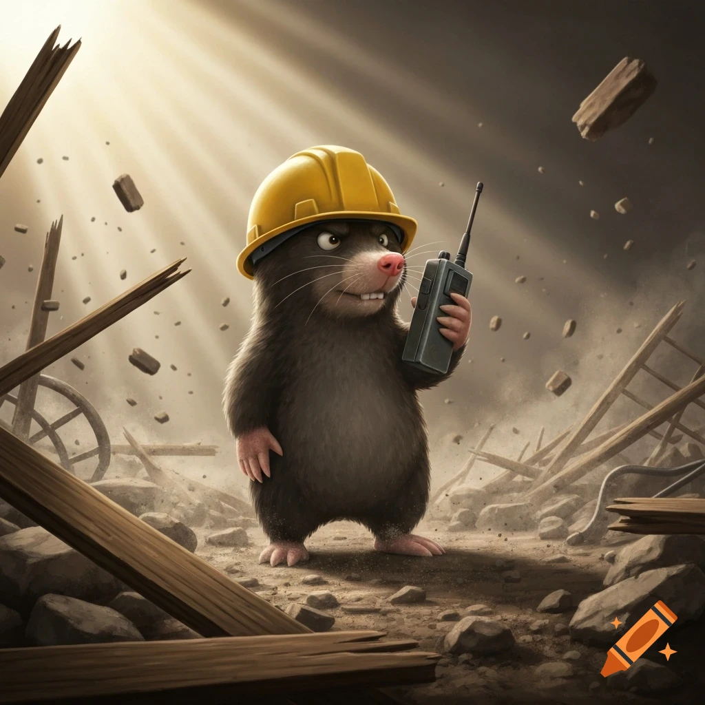 A cartoon mole in a yellow hard hat holds a walkie-talkie amidst debris and broken wood, bathed in sunlight.