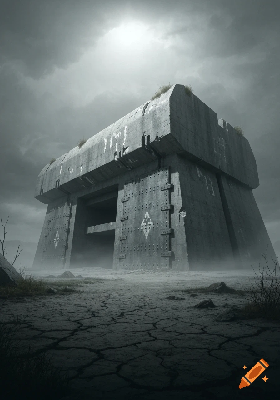 A massive, brutalist concrete bunker with heavy doors and a large opening, standing on cracked earth under a stormy sky with faint sunlight.