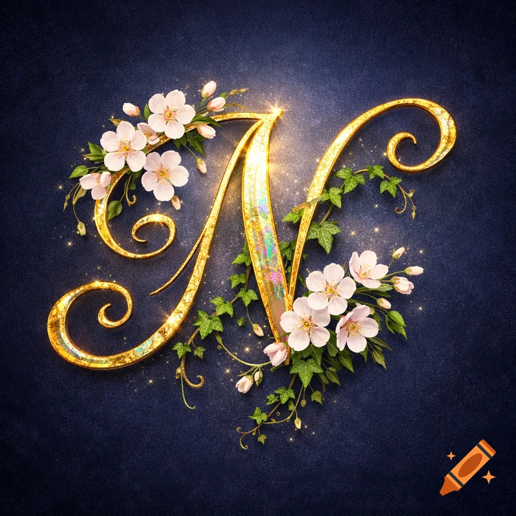 A sparkling golden cursive letter N adorned with delicate white flowers and green ivy against a dark blue textured background.
