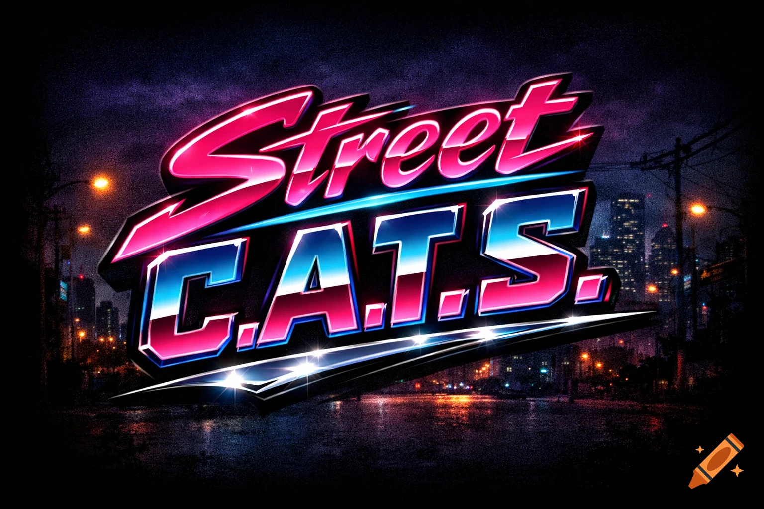 Neon pink and blue 1980s style logo for "Street C.A.T.S." over a dark, blurred cityscape at night.