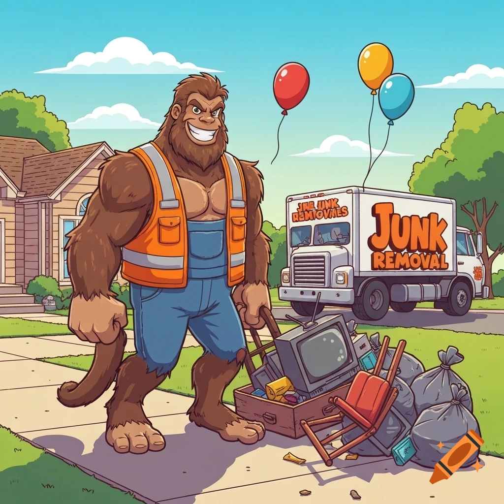 A cartoon Bigfoot in an orange safety vest and blue overalls smiles while pulling a wagon full of junk. A 'Junk Removal' truck is parked behind him, and balloons float in the sky.