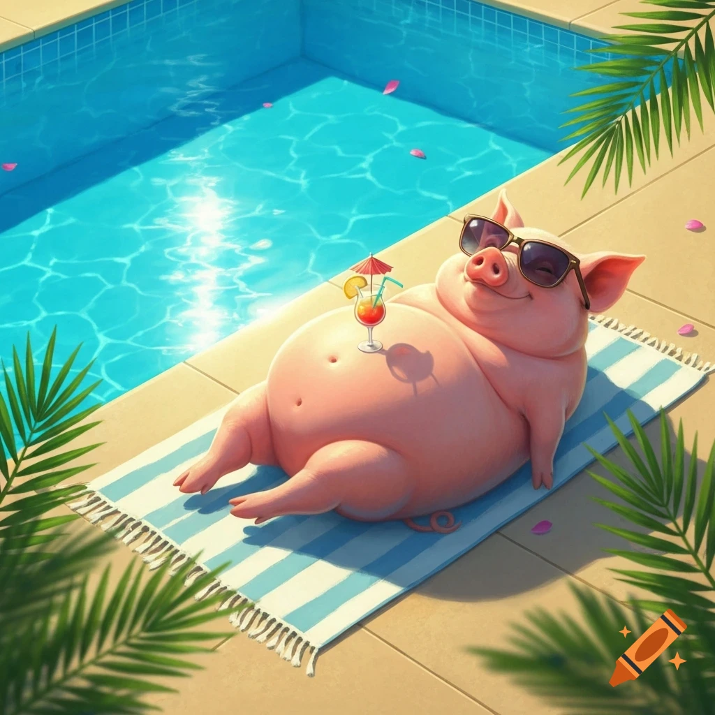 A plump cartoon pig with sunglasses relaxes on a striped towel by a sunny pool, a cocktail on its belly.