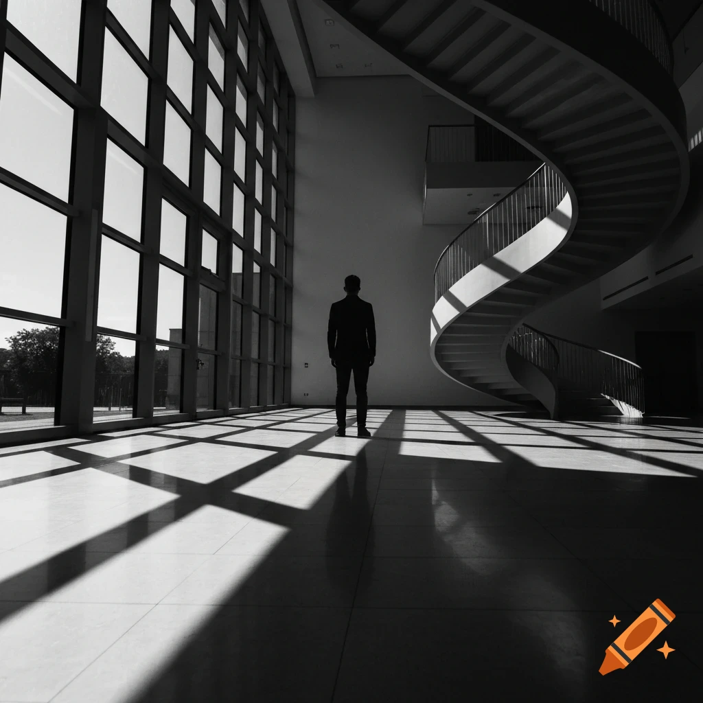 A black and white photo of a person's silhouette standing in a minimalist modern building with large windows and a curved staircase, with dramatic shadows.