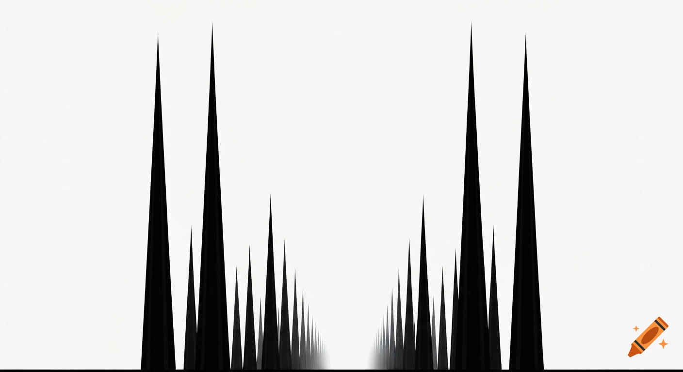 Abstract black spires forming a horizon on a white background, creating a vanishing point effect.