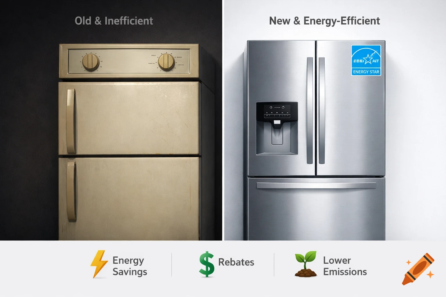 A split image shows an old, inefficient cream-colored refrigerator on the left and a new, energy-efficient stainless steel refrigerator on the right. Icons and text below highlight energy savings, rebates, and lower emissions.