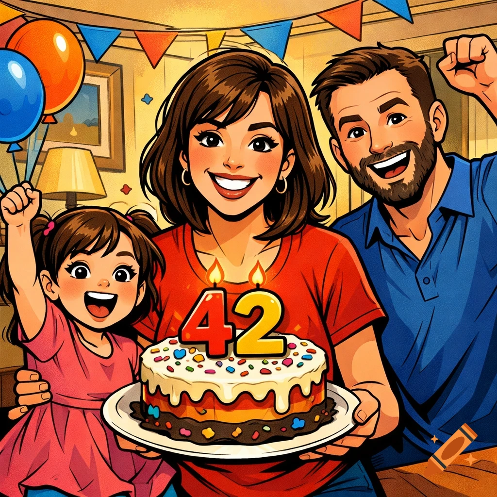 A comic-style illustration of a smiling brunette family celebrating a birthday at home with a cake adorned with '42' candles.