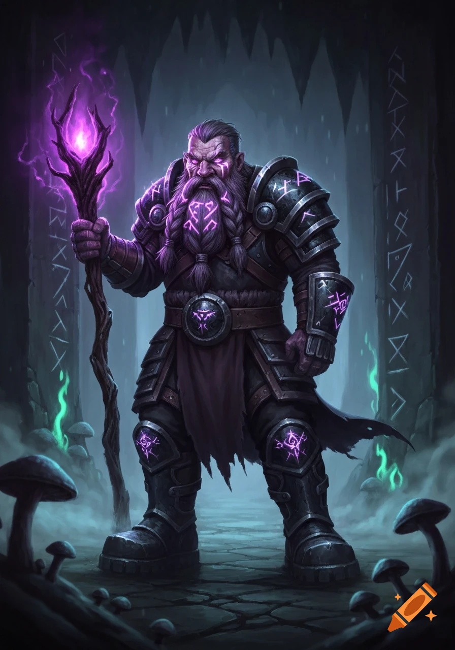 A heavily armored dark mage dwarf with a long braided beard stands holding a glowing purple staff in a mysterious cave with ancient runes and glowing mushrooms.