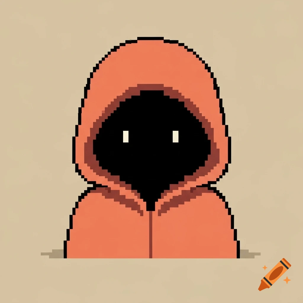 A simple pixel art avatar of a hooded character with a black face and two white eyes.