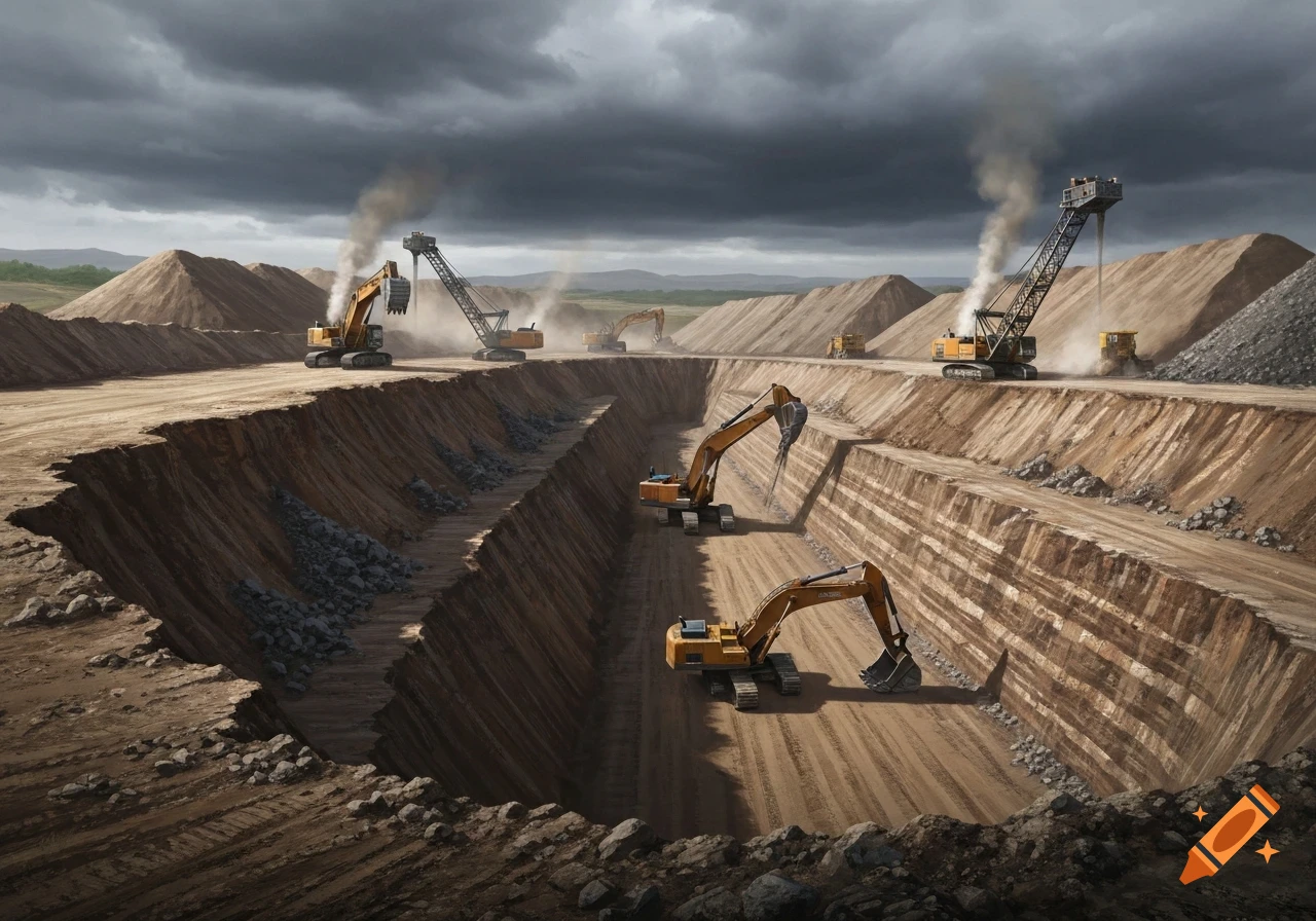 Large strip mine with multiple yellow excavators and draglines digging a deep pit under a dramatic cloudy sky.