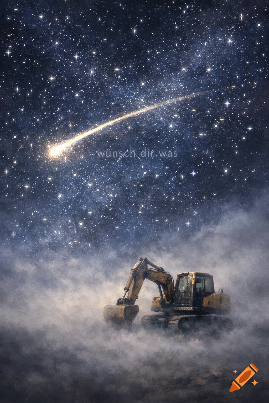 A shooting star illuminates a starry night sky above a yellow excavator shrouded in fog, with the text 'wünsch dir was'.