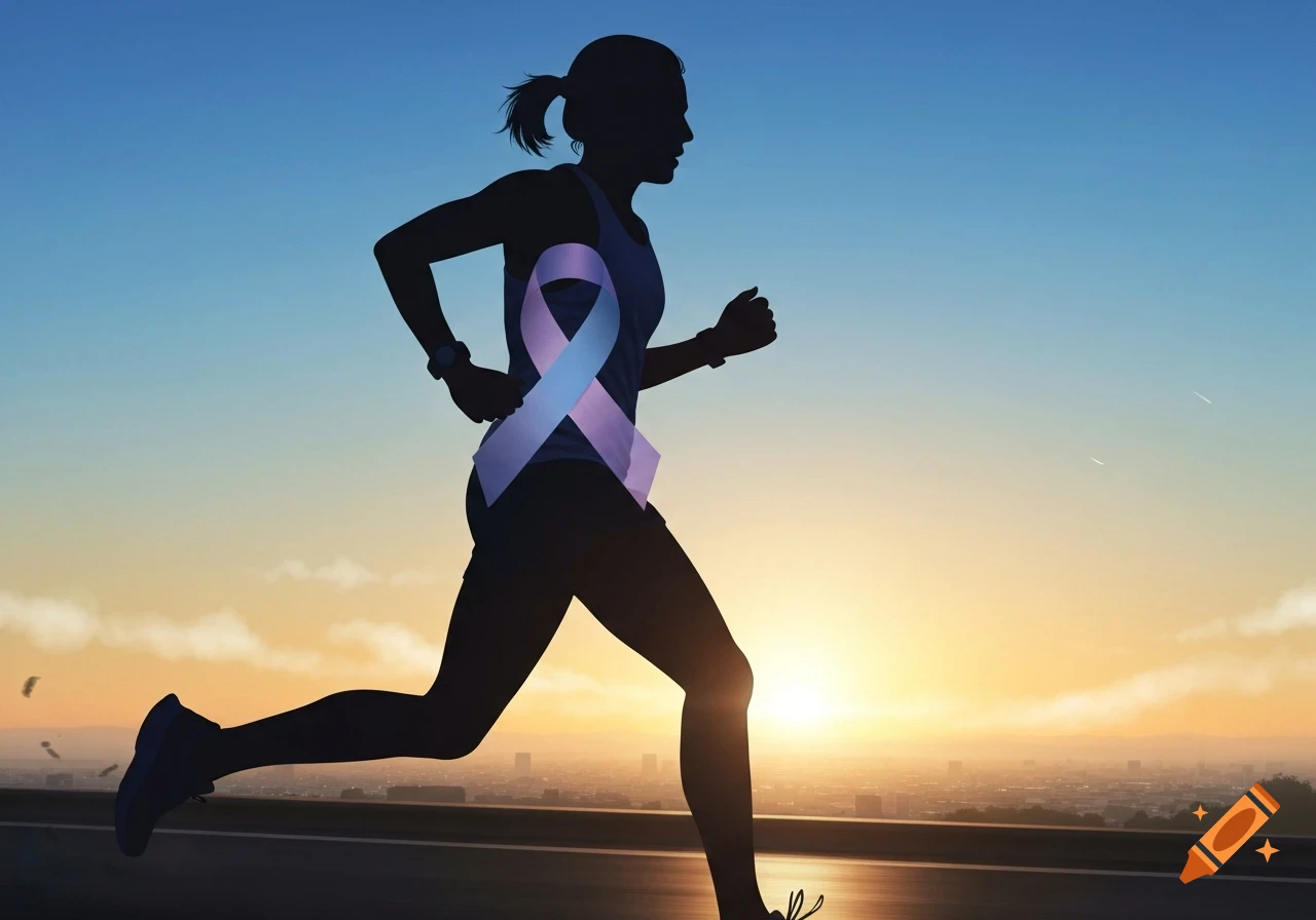 Silhouette of a female runner with a translucent purple awareness ribbon on her torso, jogging against a sunset sky with a city skyline.