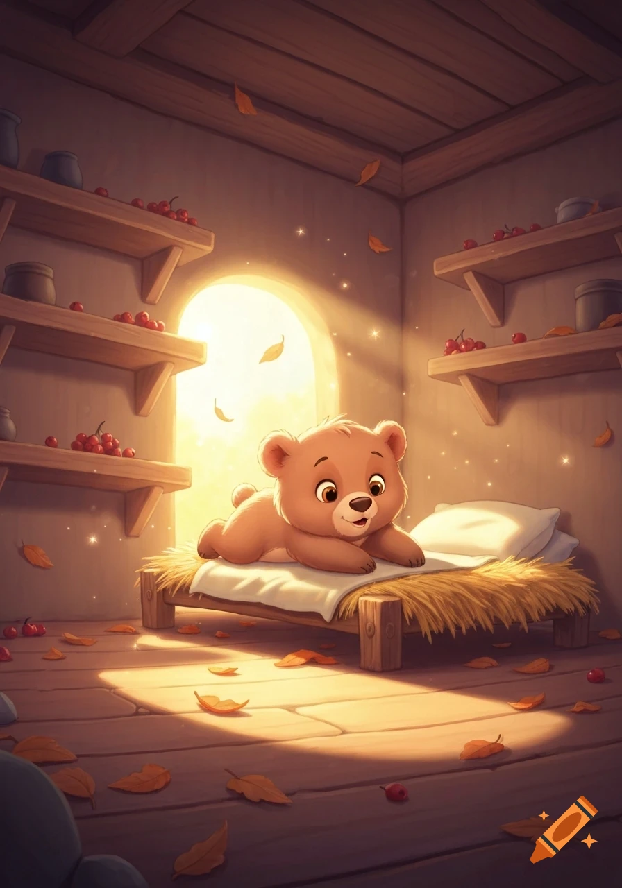 A cute baby bear lies on a straw bed in a cozy, sunlit wooden room with shelves of berries, in a Disney storybook style.