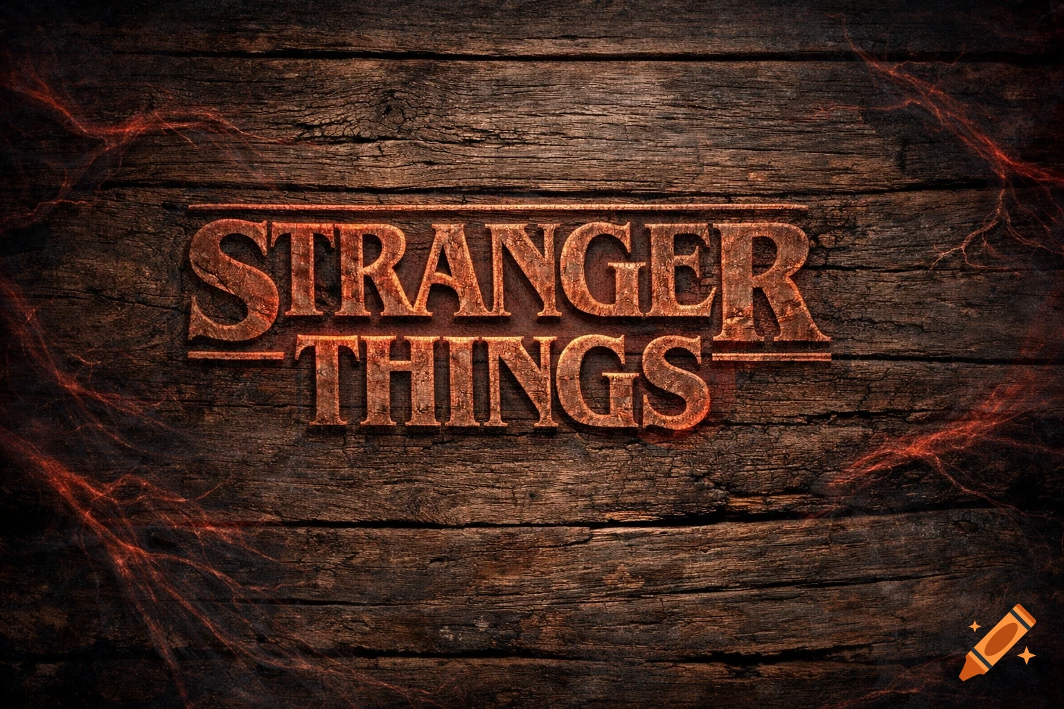 The 'Stranger Things' logo in distressed red-orange, glowing on a dark rustic wooden background with wisps of red energy.