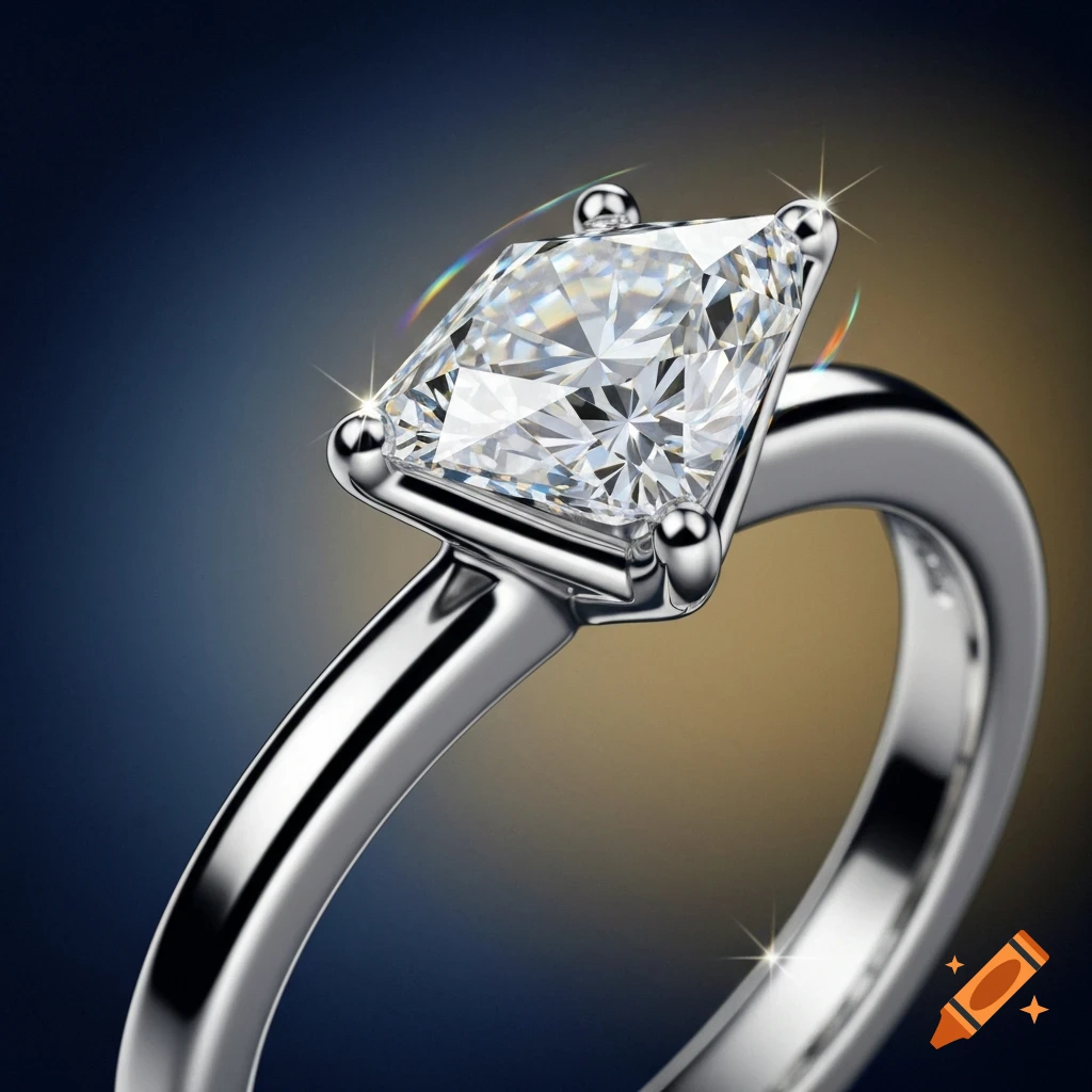 Close-up photorealistic shot of a shiny silver ring with a large, sparkling square-cut diamond against a gradient background.