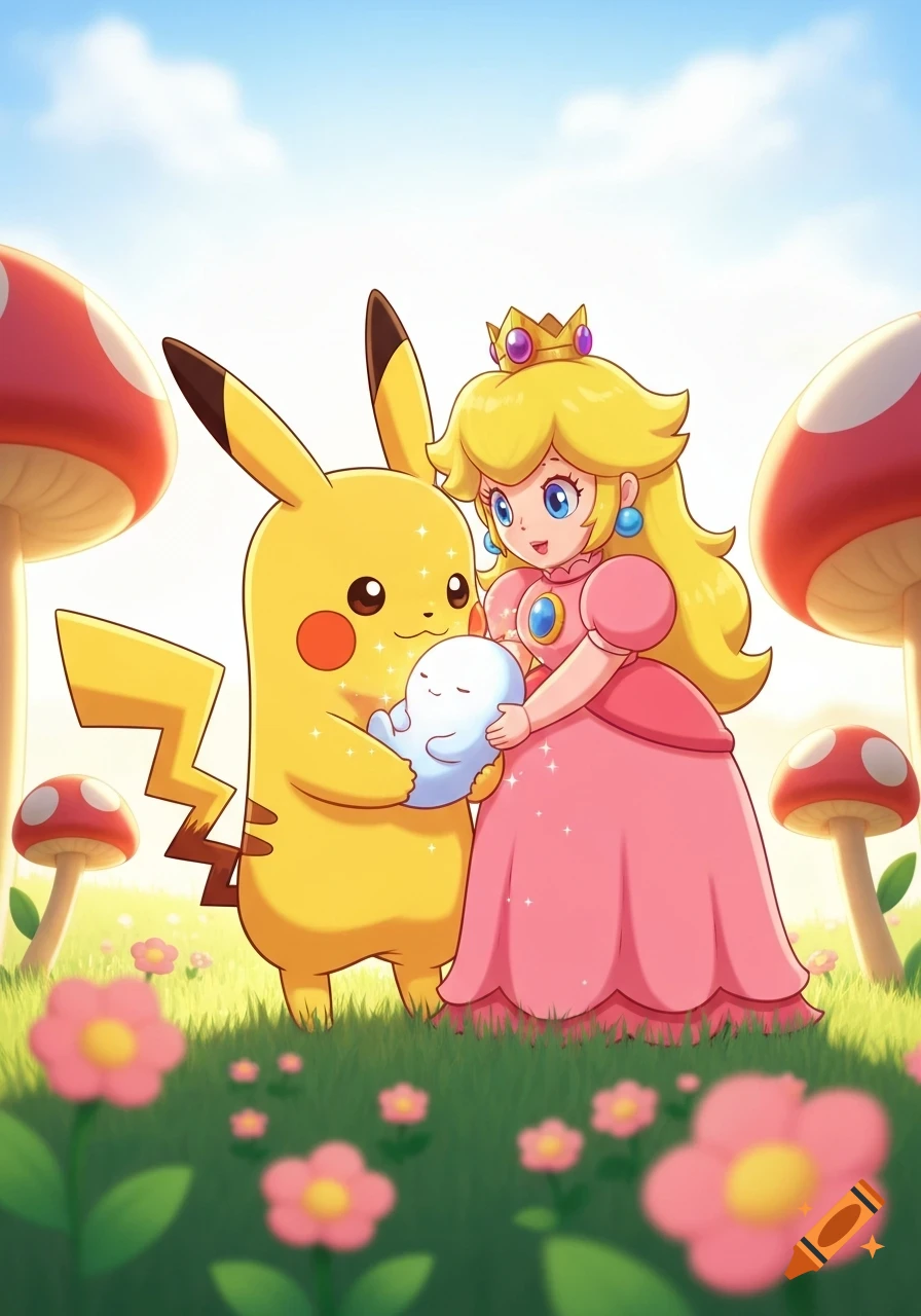 Cartoon Pikachu and Princess Peach gently hold a small white creature in a sunny green field with red mushrooms.