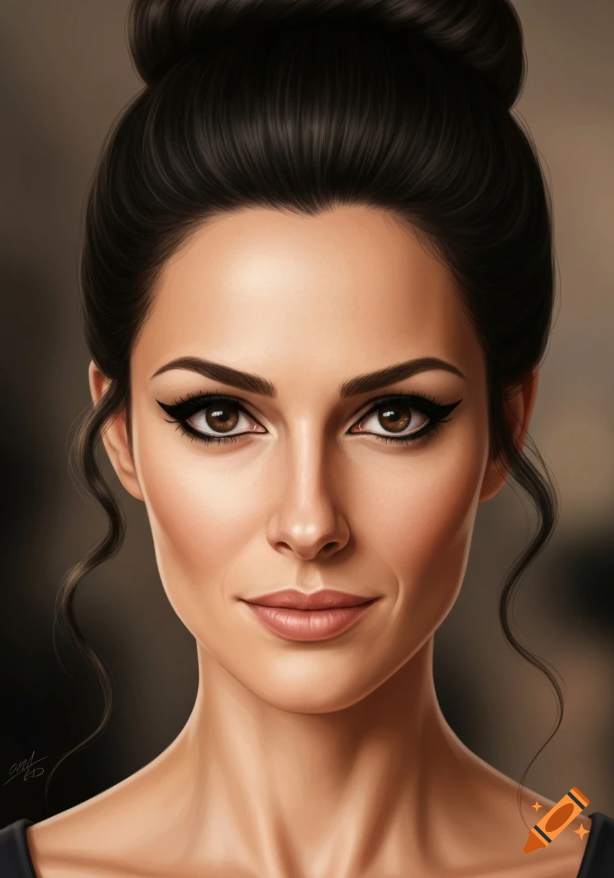 Close-up portrait of a woman with dark hair in a bun, brown eyes with thick black eyeliner, and a slight smile.