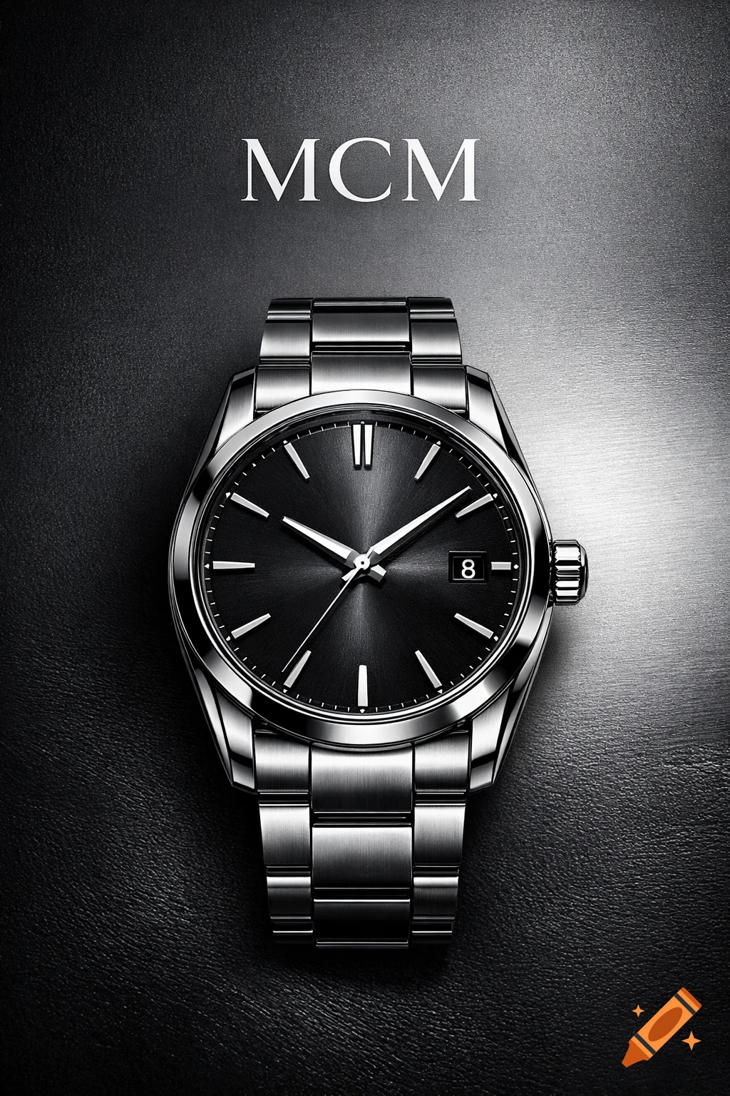 A sleek silver wristwatch with a dark face and metallic band, featuring the text "MCM" above, against a textured black background.