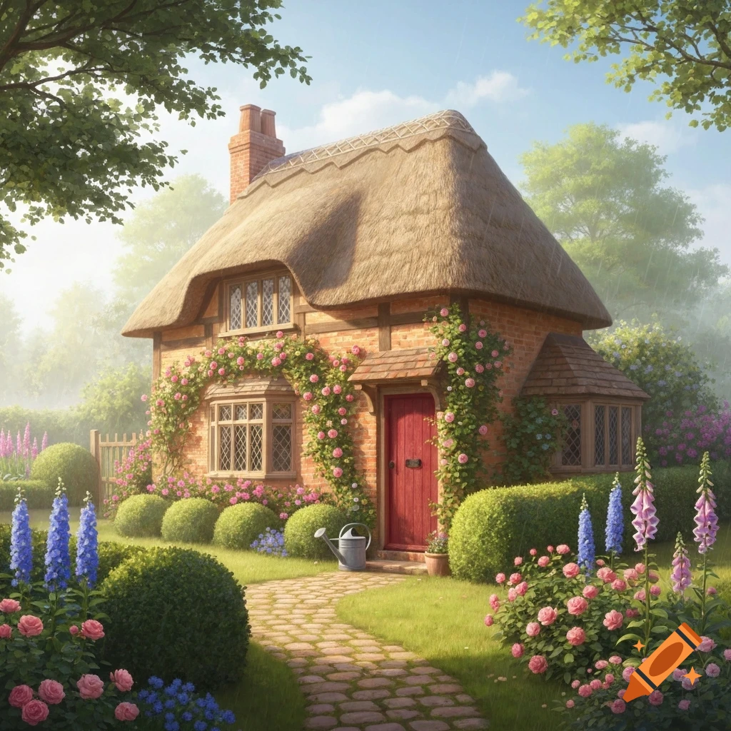 Idyllic English cottage with a thatched roof, red door, and a vibrant garden filled with colorful flowers and a stone path.