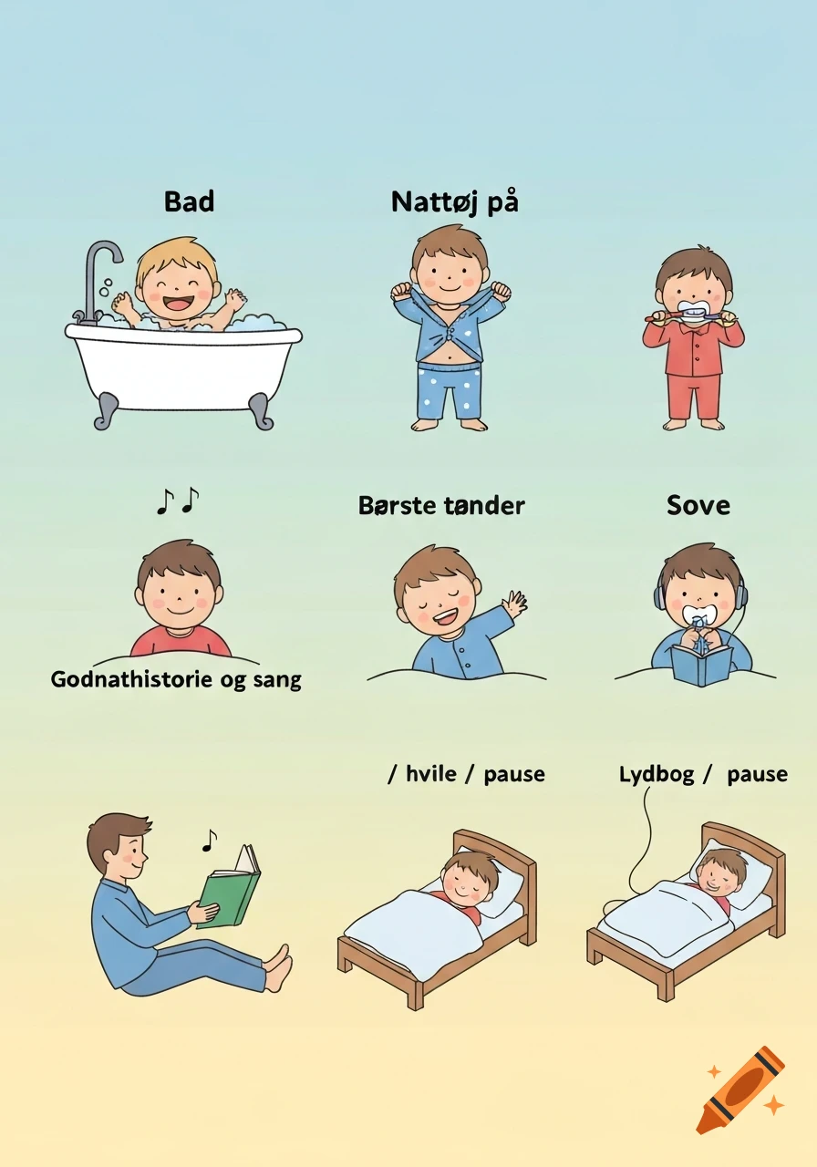 An illustrated grid of bedtime routine pictograms for toddlers. Scenes include a child bathing, putting on pajamas, brushing teeth, an adult reading, a child sleeping, a child resting, and a child listening to an audiobook. Danish text labels each scene.
