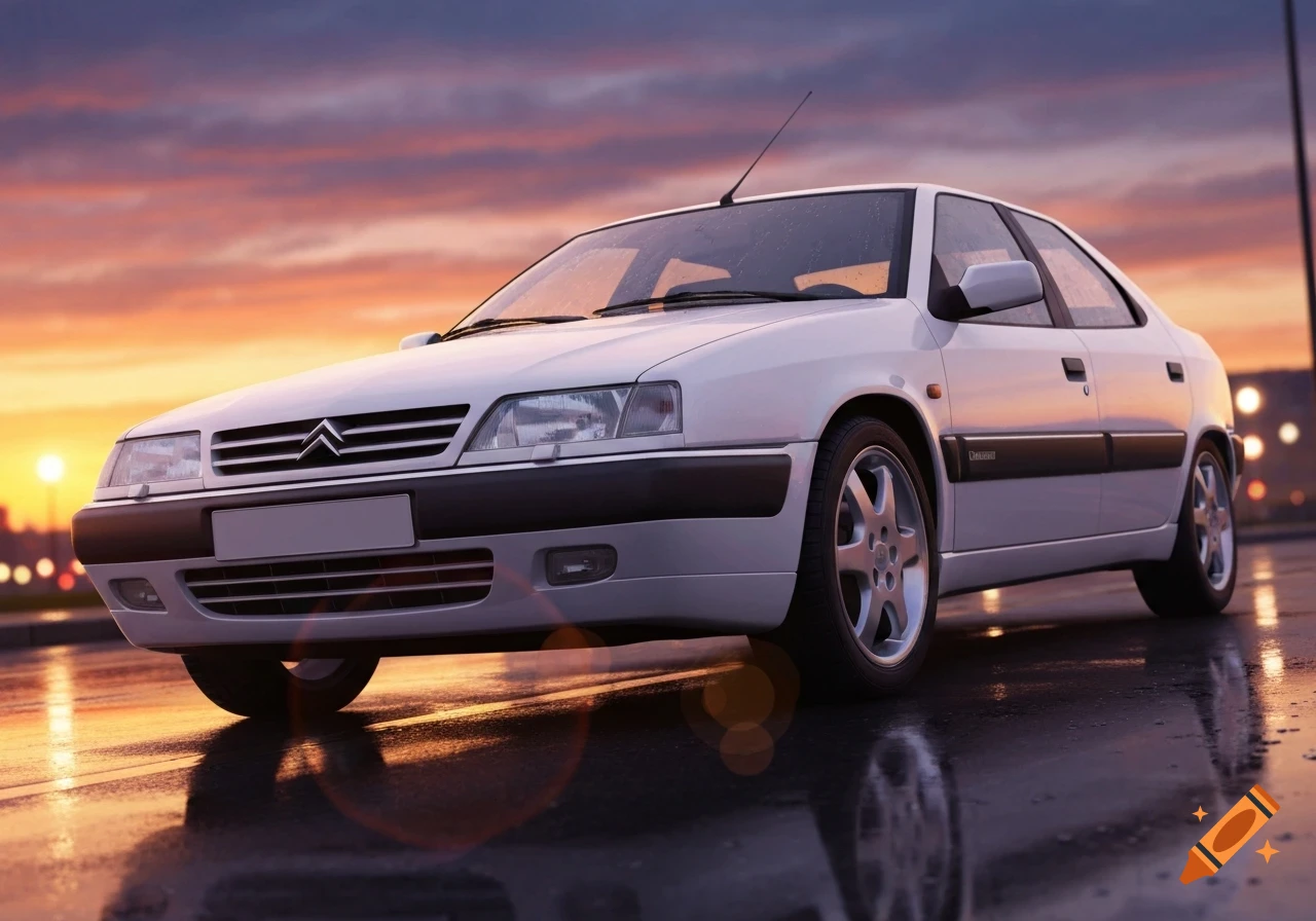 A white Citroën Xantia car parked on a wet street at sunset, with city lights in the blurred background. Photorealistic style.