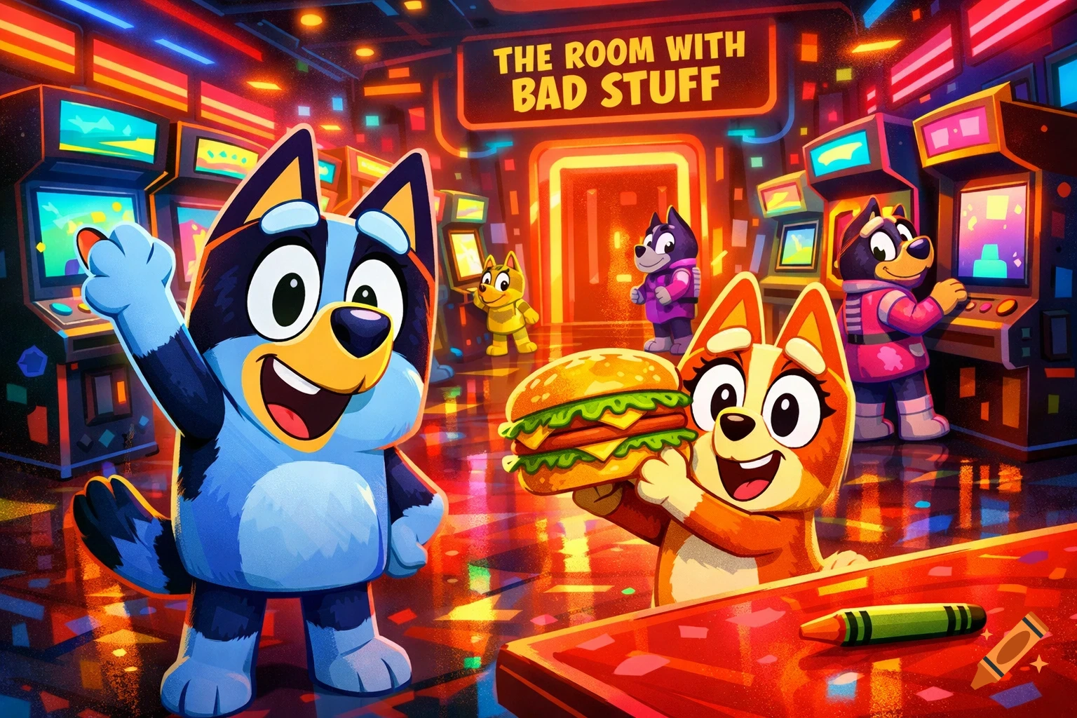 Bluey and Bingo in a vibrant, neon-lit arcade. Bluey waves, Bingo holds a burger, surrounded by other characters and arcade games.