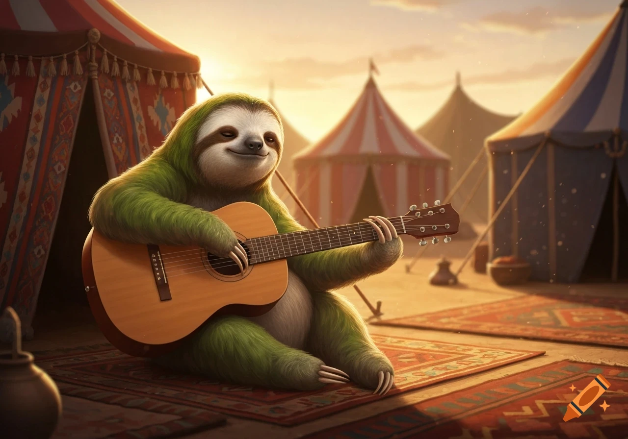 A green-furred sloth happily plays an acoustic guitar on a patterned rug in front of circus tents at sunset.