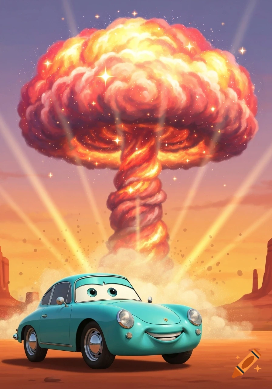 A teal cartoon car, Sally Carrera, smiles in a desert landscape with a stylized, sparkling atomic explosion behind it at sunset.