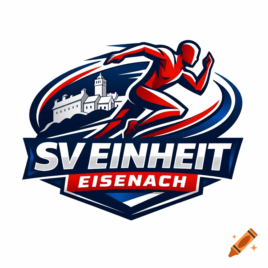A dynamic sports logo featuring a stylized red and blue runner in motion, with a white castle silhouette in the background, over the words "SV EINHEIT EISENACH" on a blue and red shield.