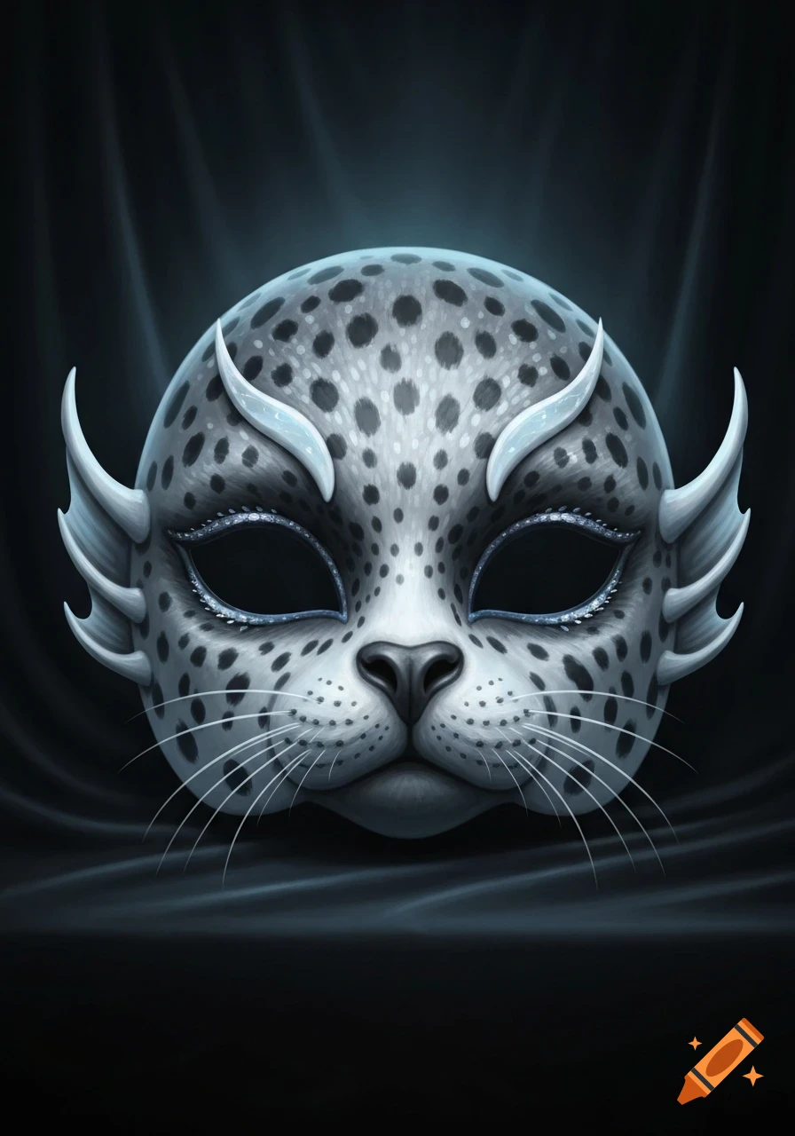 A stylized masquerade mask designed with leopard seal features, gray and spotted, with fin-like ears and ornate eye openings, on a dark background.
