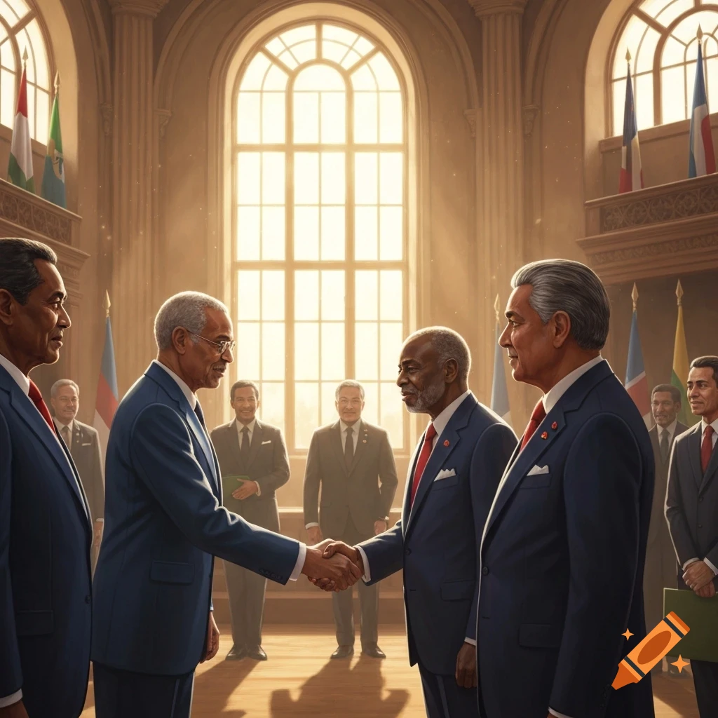 Two world leaders in suits shake hands in a grand hall with other dignitaries and national flags, photorealistic.