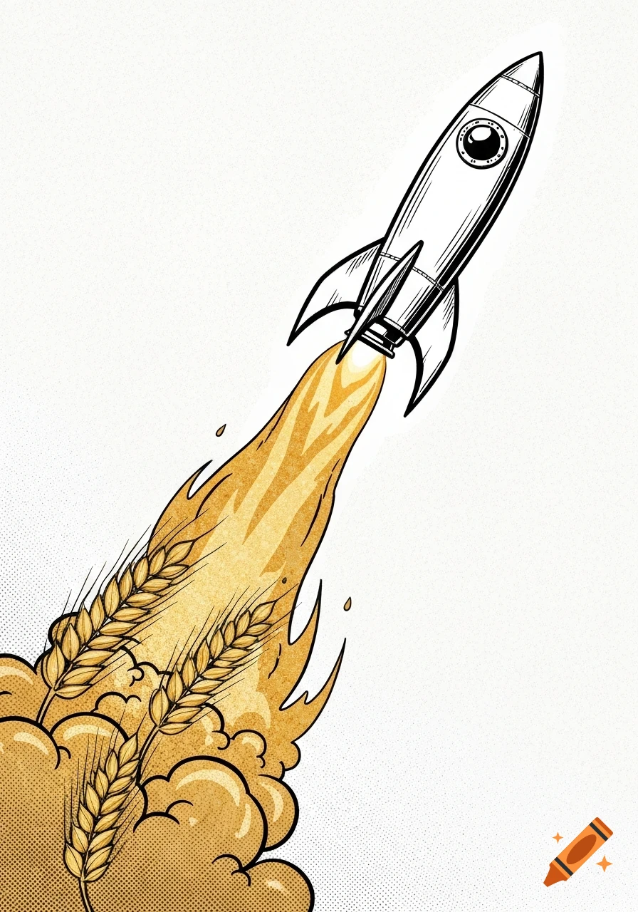 Comic-style illustration of a rocket launching with a golden exhaust plume made of wheat stalks.
