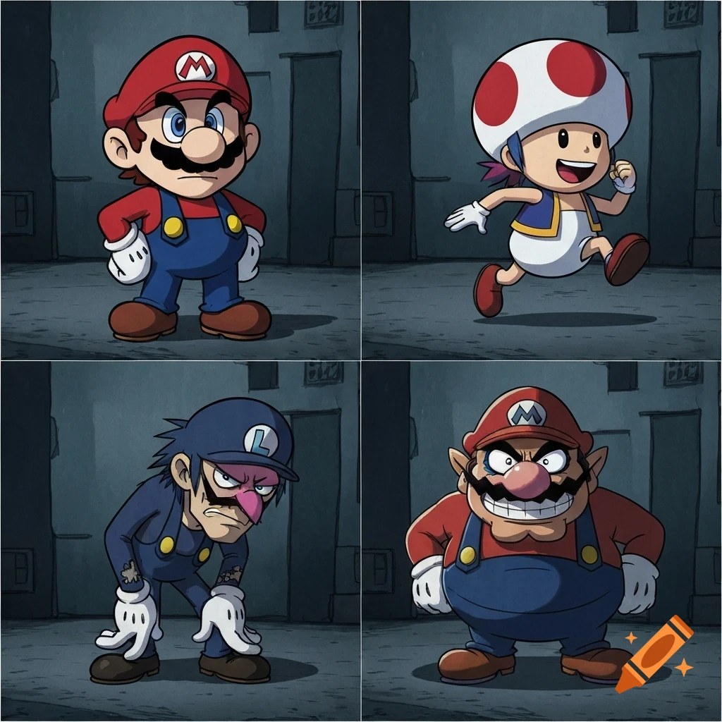 Four-panel image in Gorillaz art style: Mario, Toadette, Waluigi, and Wario in dynamic poses in a gritty urban setting.