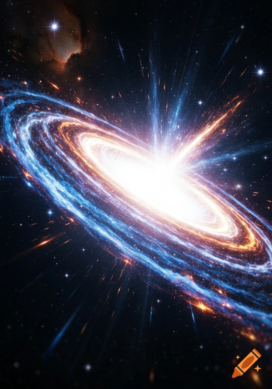 A vibrant spiral galaxy with a bright white core, blue and orange arms, and radiant light streaks in deep space.