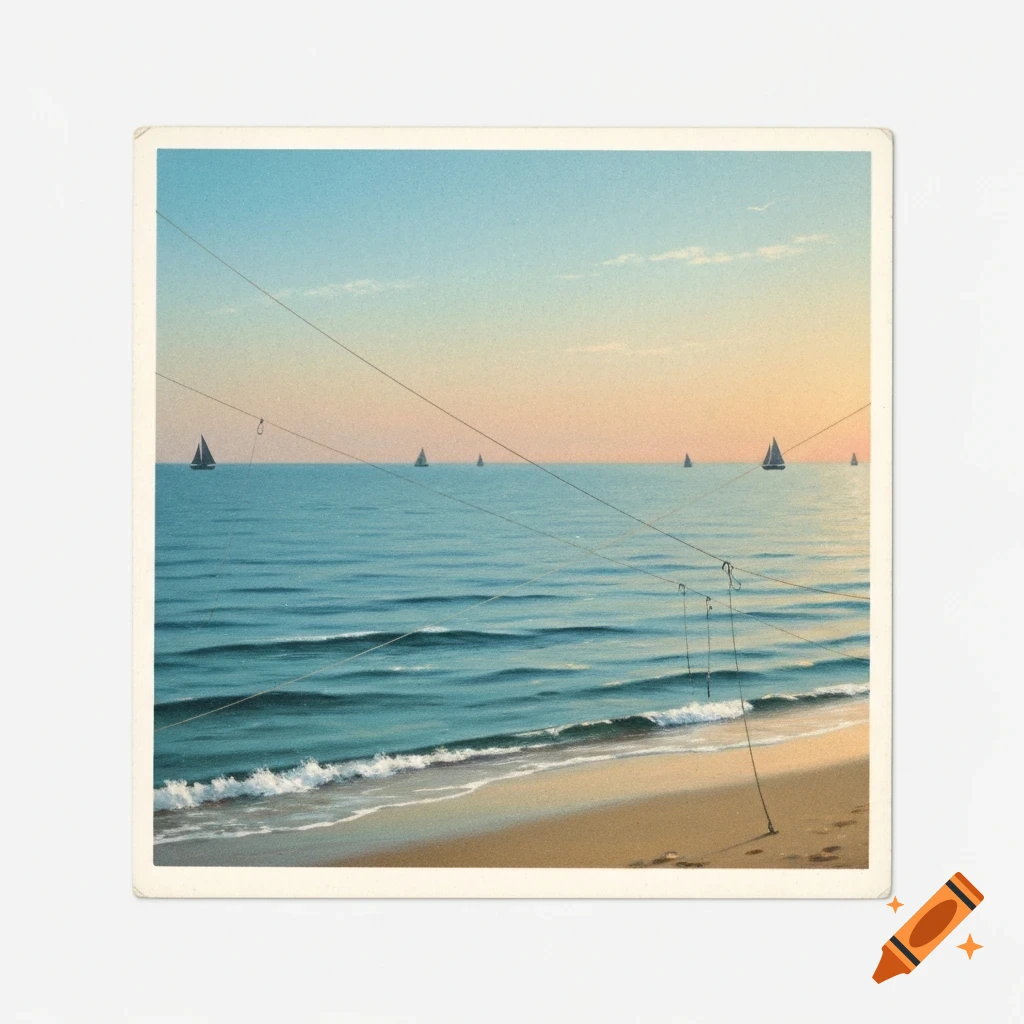 Vintage postcard-style image of a serene beach at sunset, with distant sailboats on the blue sea and abstract fishing lines in the foreground.