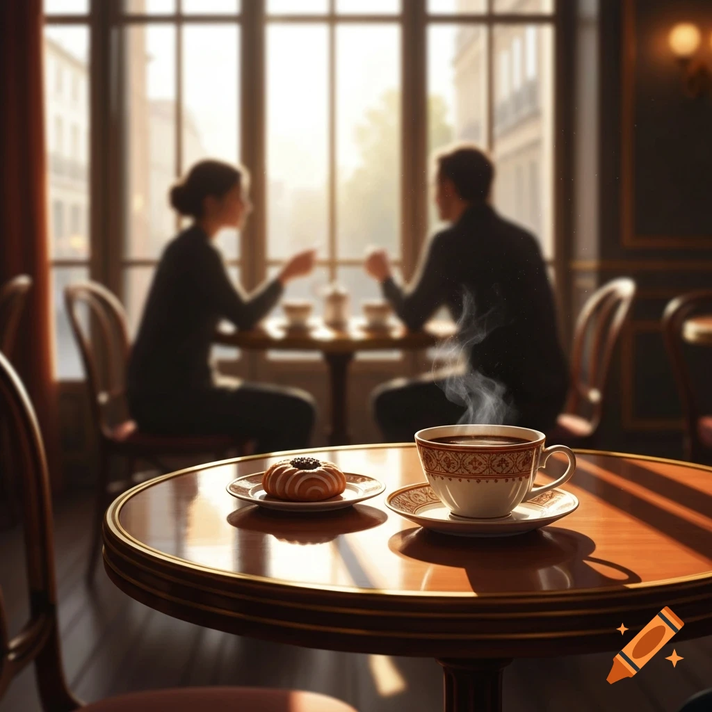 Steaming coffee cup and a pastry on a wooden table in a cafe, with blurred figures by a window in the background.