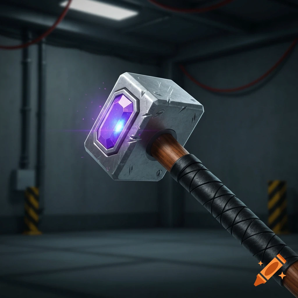 A close-up of a detailed, powerful hammer with a metallic head featuring a glowing purple gemstone and a wooden handle wrapped in black leather, set in a dimly lit industrial room.