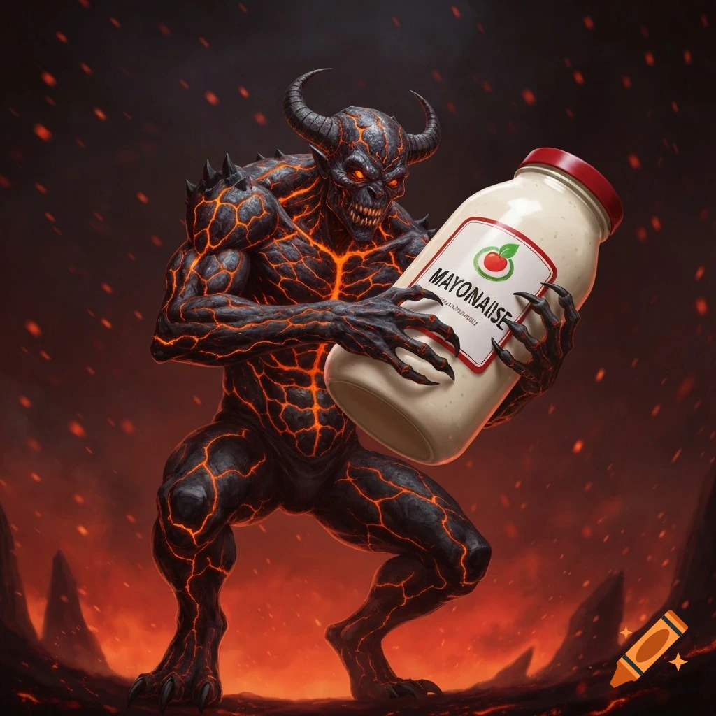 A fiery demon with horns and glowing cracks on its skin holds a large jar of mayonnaise in a hellish landscape, fantasy art.