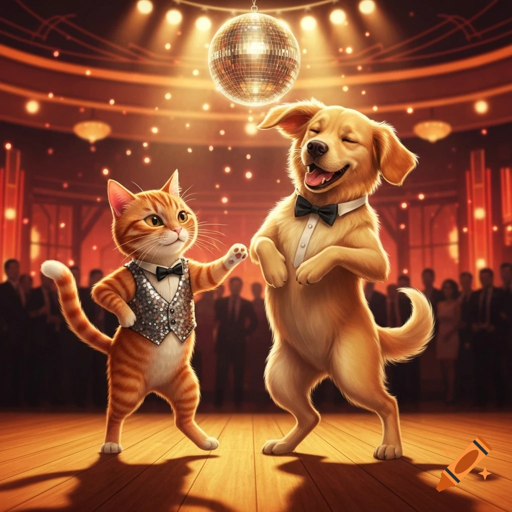 An anthropomorphic ginger cat and a golden retriever dog wearing tuxedos and bow ties dancing under a disco ball on a wooden floor, with blurred background figures.