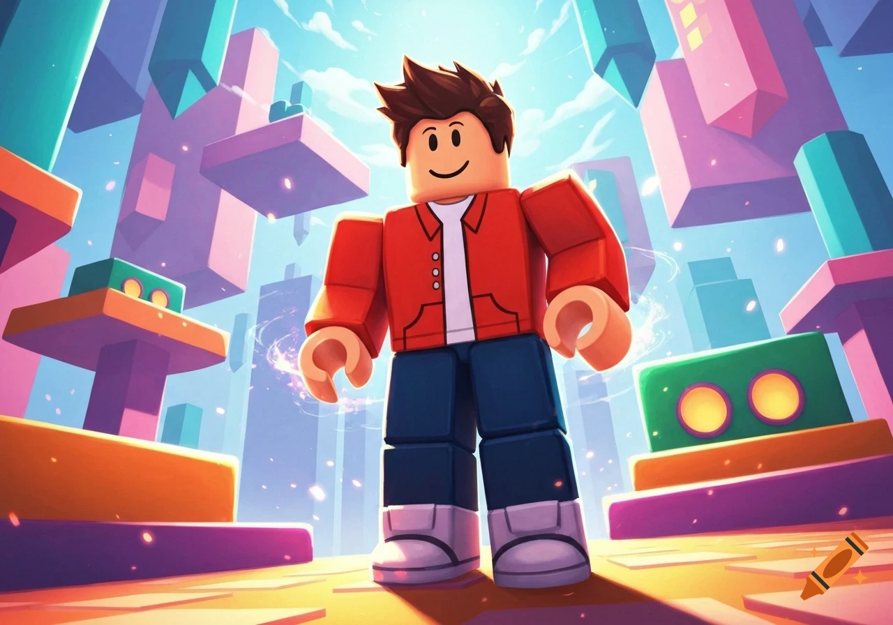 A Roblox-style character in a red jacket and blue pants stands in a vibrant, blocky city with floating structures, rendered in bright digital art.
