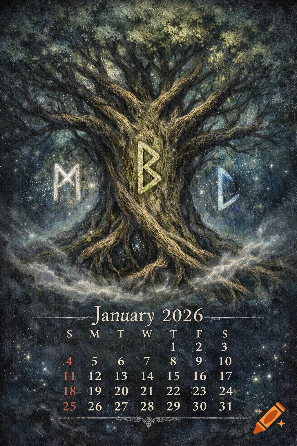 A mystical calendar sheet for January 2026, featuring an ancient, gnarled tree as a world tree. Three glowing runes are placed around the tree's trunk, against a starry, cosmic background.