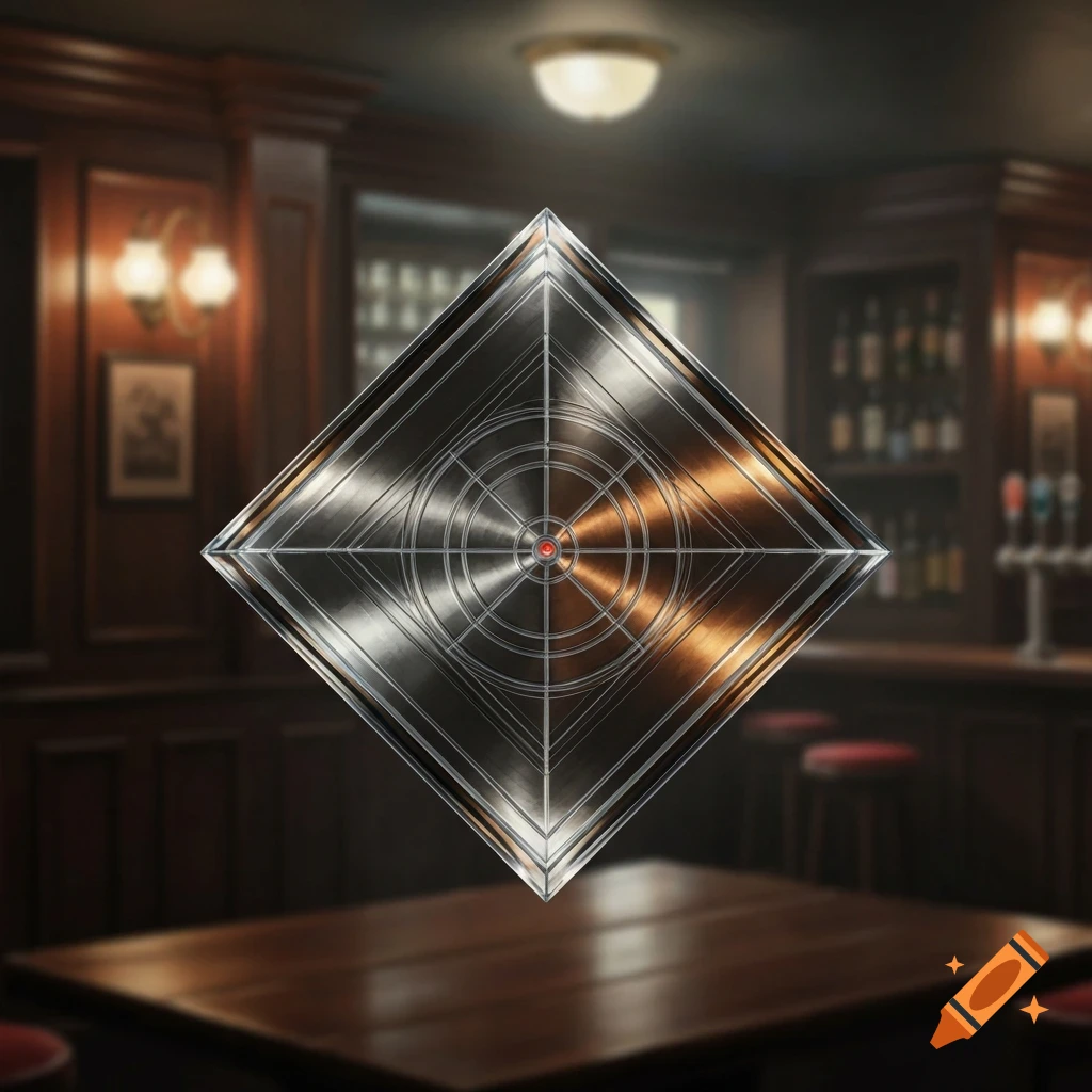 A metallic, diamond-shaped dartboard with a red bullseye floats in a dimly lit, blurred bar interior.