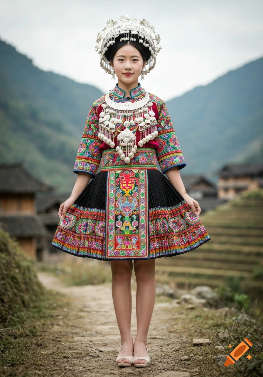 A young Miao woman in a richly embroidered traditional dress, intricate silver headdress, and pleated skirt, standing on a dirt path with mountains and houses.