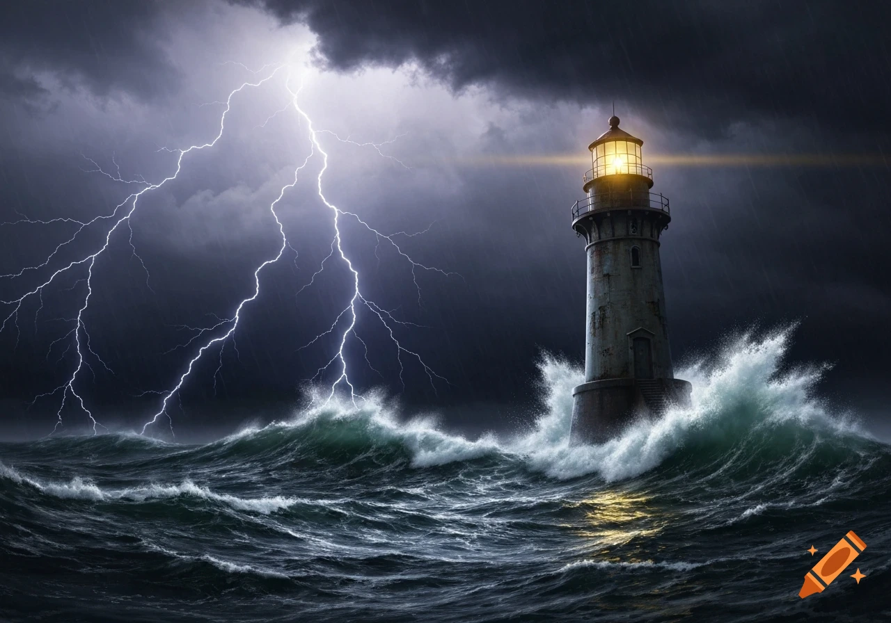 Photorealistic lighthouse in a furious stormy ocean with crashing waves and vivid lightning illuminating the dark sky.